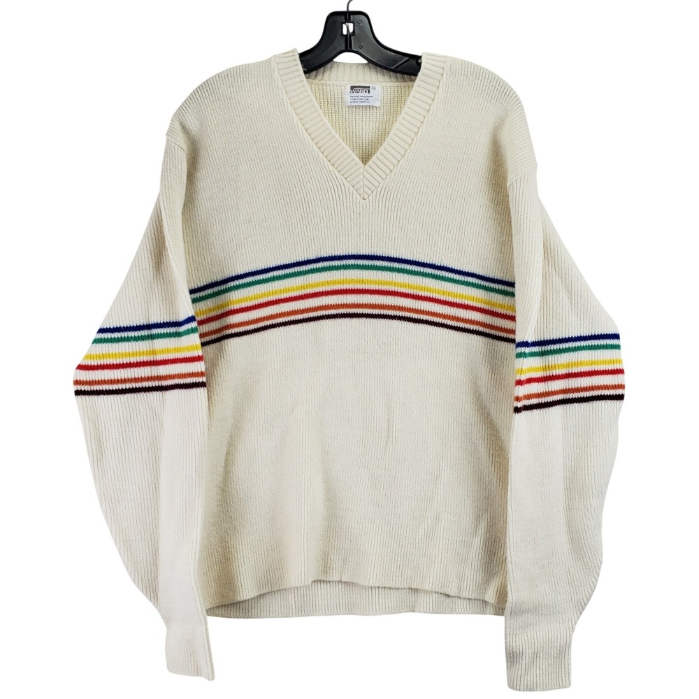 Vintage 70s Montgomery Ward Pullover Sweater Mens XL Cream Retro Rainbow Stripe